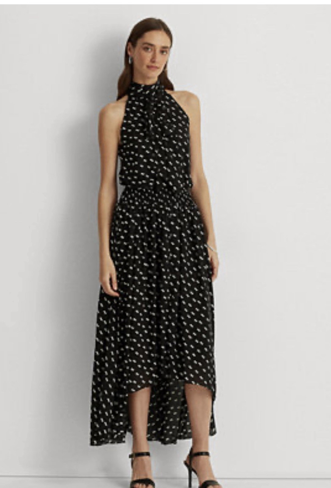 Nwt Lauren Ralph Lauren Women Black Geometric Print Georgette Tie-Neck Dress 12